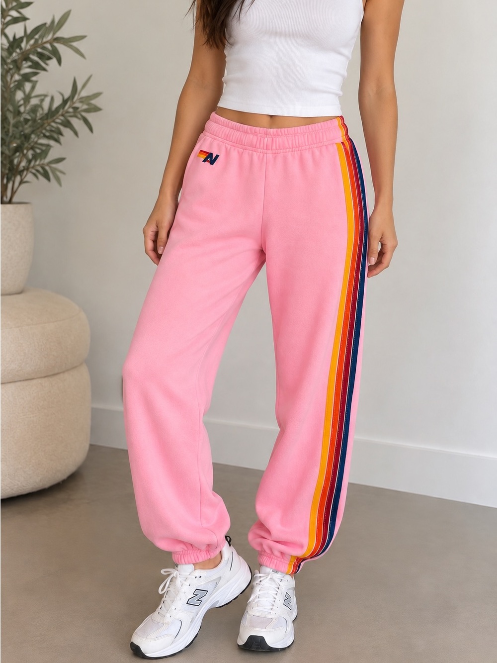 Aviator Nation 5 Stripe Light Pink Rainbow Sweatpants L